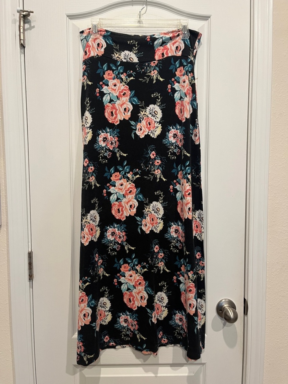 Black Floral Maxi Skirt with Pink & Teal Roses